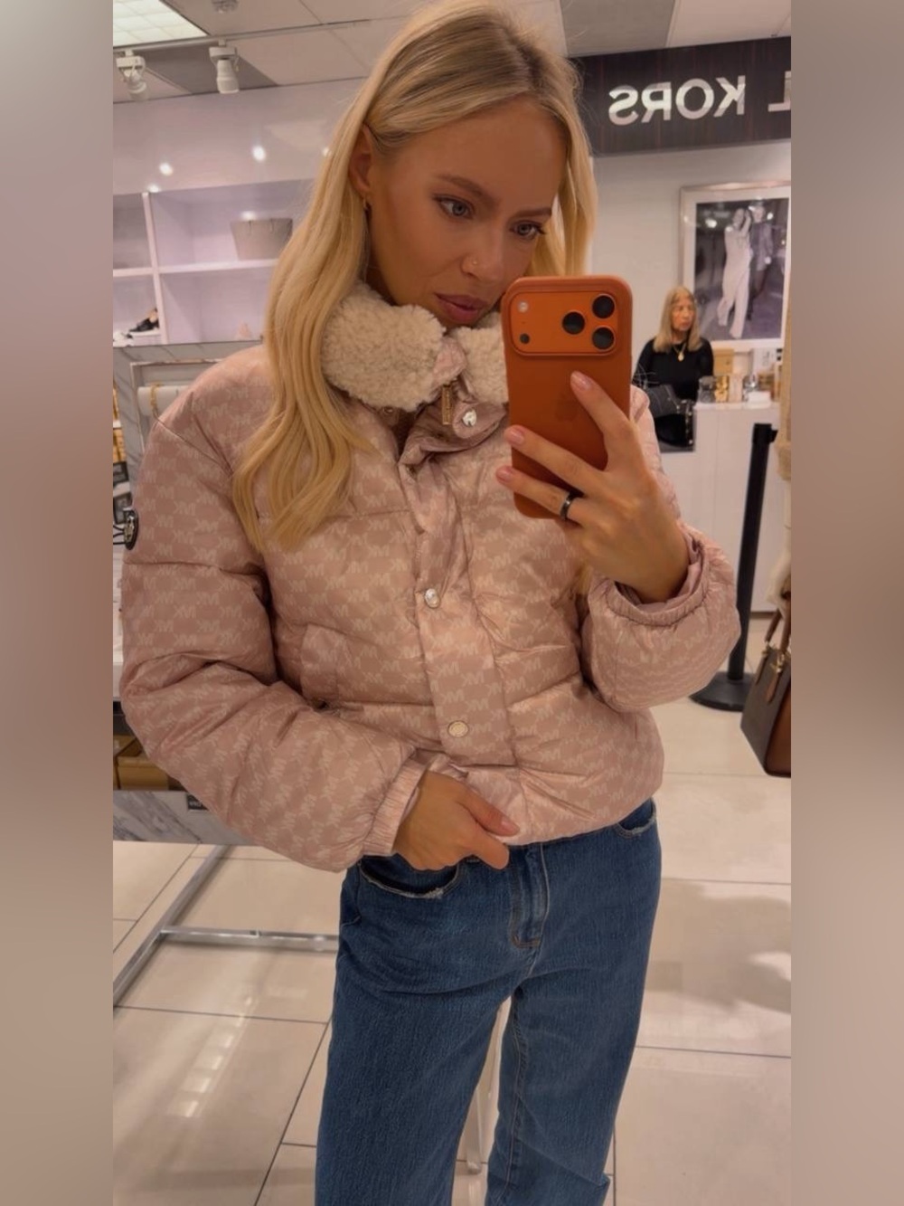 Michael Kors Pink Logo Puffer Jacket Sherpa Collar Blush Pink Size Medium NWT